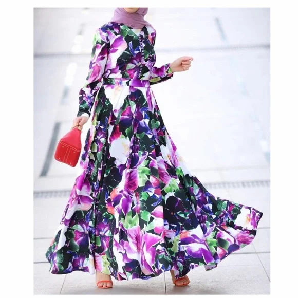 Annah Hariri Floral Maxi Dress Long Sleeve Modest Halal Size 10 button front